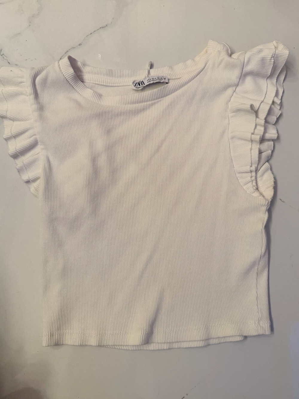 Zara Cream Ribbed Knit Top with Ruffle Trim